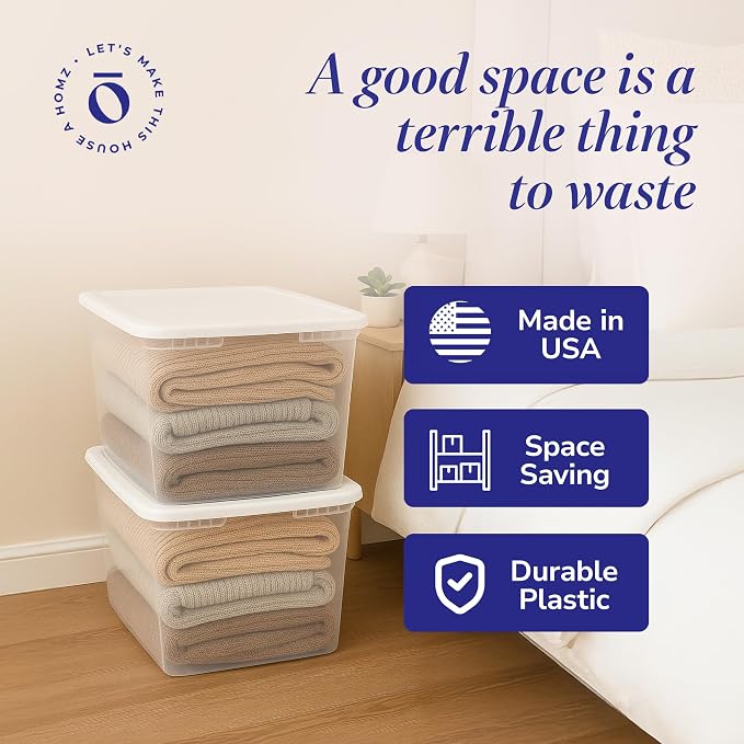 HOMZ 2-Pack Snaplock, Large Clear Plastic Storage Organizer Bins w/Lids, 56 Quart, White - Stackable Container Boxes for Bedroom, Bathroom, Garage, and Office Organization