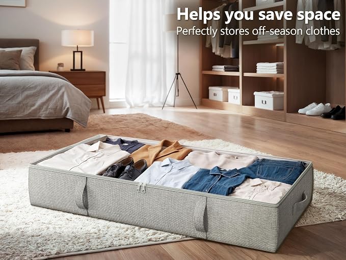 2-Pack Under Bed Storage Containers, 6 Inches Tall Clothes Storage, Grey | High Side Collapsible Underbed Organizer Bin with Sturdy Sidewalls/Bottom, Cotton Linen Bins, For Seasonal Clothes & Bedding