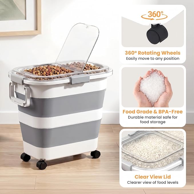2 Pack 25 Lbs Dog Food Storage Container, Collapsible Rice Container | Airtight Cat Food Container with Wheels, Transparent Lid, Measuring Cup, Scoop and Handle, BPA Free for Pet Food, Bird Seed