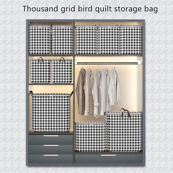 Fabric Storage Boxes with Lids Houndstooth Clothes Quilt Bins Container Organizers with Handle for Bedroom Closet (140, Square, 1, SB-123)