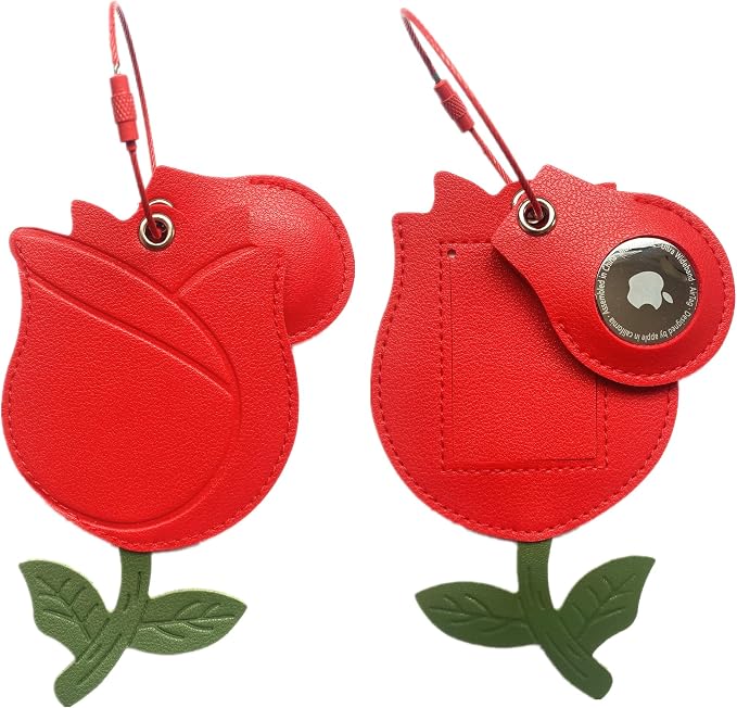 PU Leather Luggage Tag with Airtag Holder Case Set and Name ID Label | Hidden Compartment for AirTag Travel Suitcase Tracking Case with Stainless Steel Loop,Cute Fruit Plant Animals Styles,Rose