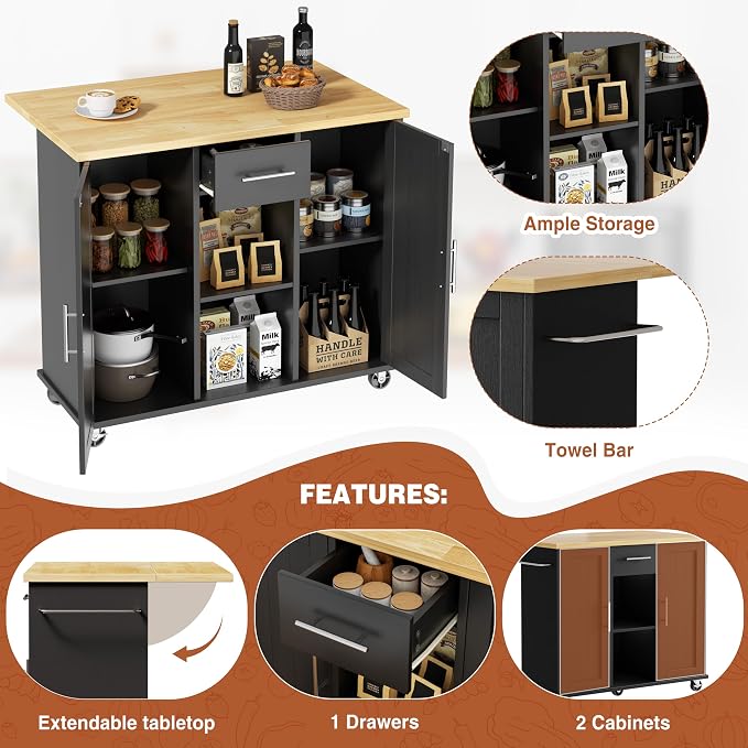 JY QAQA 42" Kitchen Island with Storage on Wheels, Rolling Table with Drop Leaf, Drawers, Cart Handle for Towel Rack or Free Movement, Black