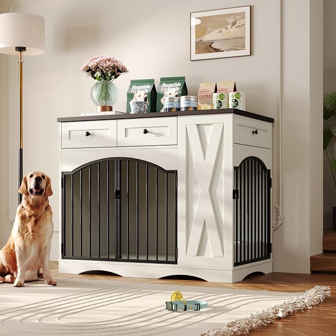 43.3" Farmhouse Dog Crate Furniture with 3 Drawers, Heavy Duty Wooden Dog Kennel for Medium to Large Dogs, Indoor Dog Crate Table with Removable Feeder and Double Doors, White & Black