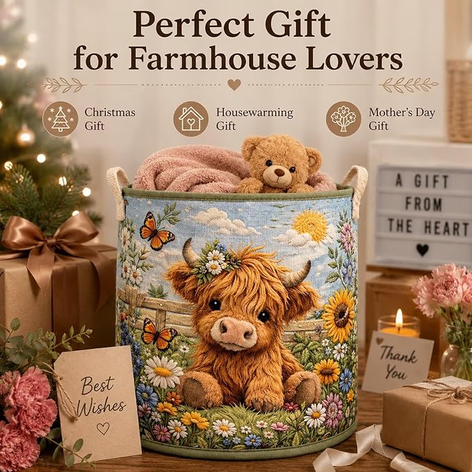 Cute Sheep Laundry Basket Quilted Colorful Lamb Clothes Hamper Farmhouse Canvas Toy Storage Bin Round Fabric Blanket Organizer Bag(14"x 18")