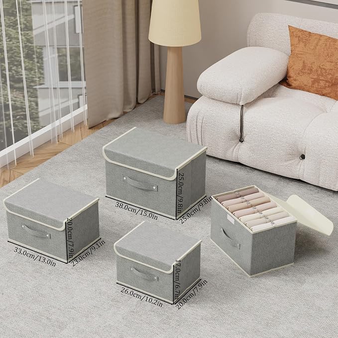 Foldable Fabric Storage Cubes with Lids,Grey 15x9.8x9.8in,3 Pack | Storage Bins with Handles,PP Panel Closet Organizers,Washable Boxes,Collapsible Fabric Container for Underwear and Socks