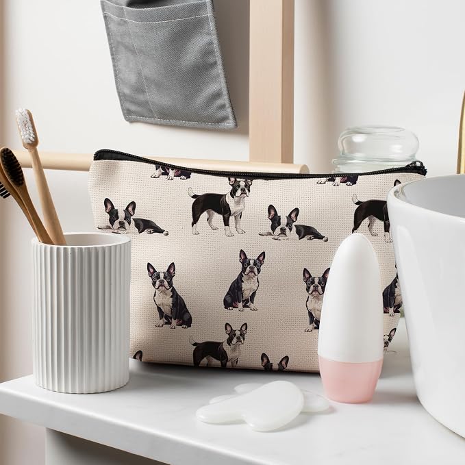 Boston Terrier Dog Makeup Bag, Boston Terrier Lovers Gifts Cosmetic Bag for Women, Dog Mom Lovers Owner Gifts for Women Christmas, Pet Lover Gift Zipper Travel Makeup Pouch for Purse