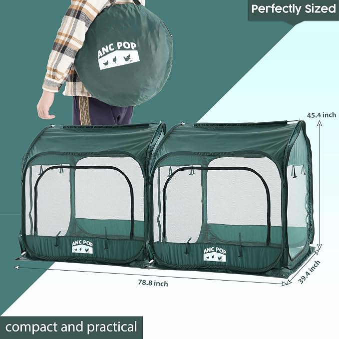 ANC POP 2Pcs Portable Chicken Run, Pop Up Chicken Tent for Small Animals Outdoor Gardening Net with 3 Doors and Handbag, Easy to Install and Storage, Green (80 x 40 x45)