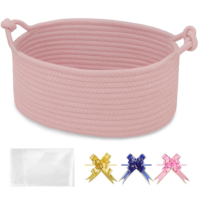 Small Empty Gift Basket with Bag & Ribbons, Dusty Pink | 12“x8”x5”, Cotton Rope Woven Basket for Birthdays, Baby Showers, Mother's Day, Christmas; Stores Small Items, Kids & Pet Toys