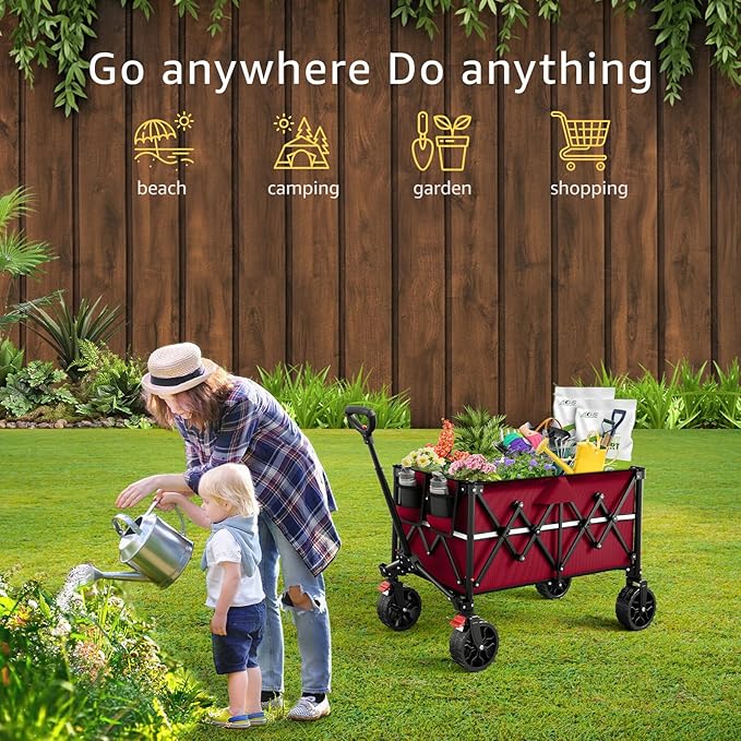 ROSONG Collapsible Wagon Cart with Wheels Foldable - Folding Utility Heavy Duty Wagons Carts for Grocery Sports Garden Shopping Camping Wheelbarrows (Burgundy, 150L)