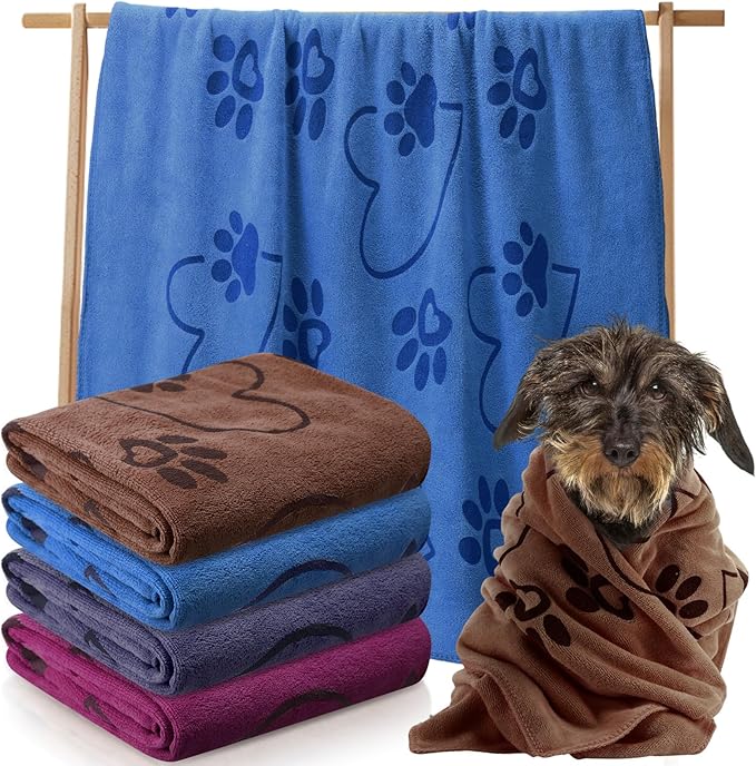Fanfanwin 4 Pcs Dog Bath Towels Microfiber Drying Dog Towel Absorbent Pet Heart Paw Towels for Medium Dogs Puppy Cats Pets Shower(Gray, Brown, Blue, Wind Red)