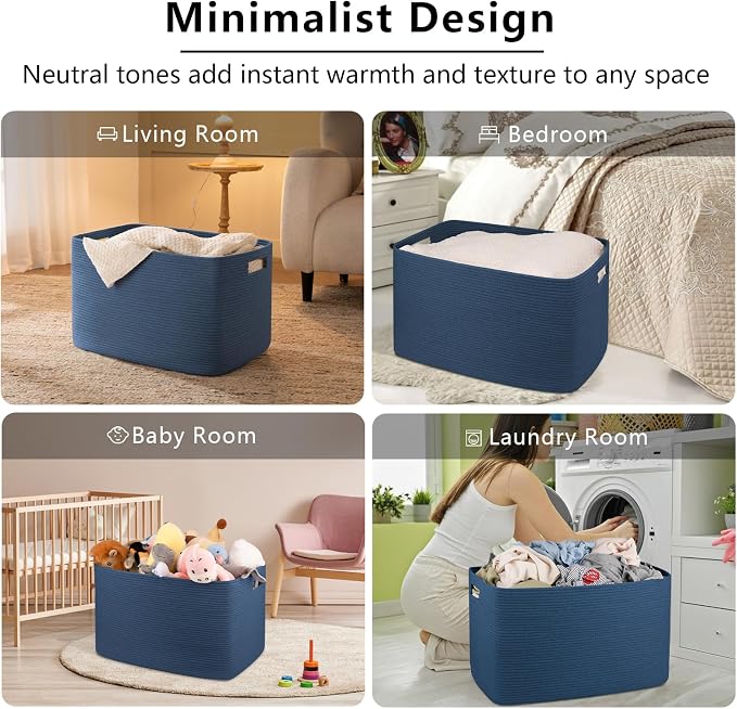 OIAHOMY 118L XXXLarge Rope Storage Basket, Oversized Blanket Basket Blue | 25" x 17" x 16" Used for Organizing Dirty Clothes in Living Room, Bedroom, Nursery, Extra Large Basket,Dog Toy Storage Bins