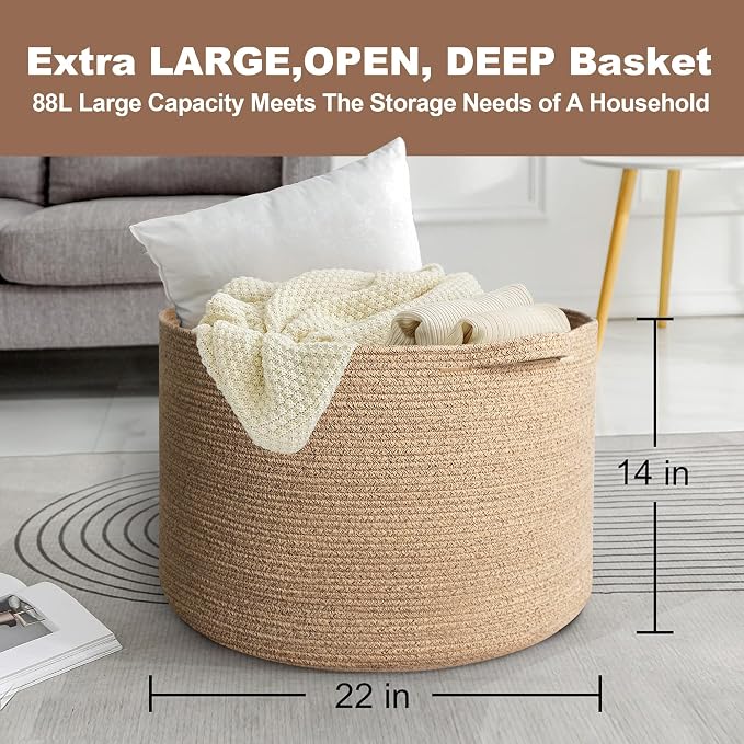 Extra Large Storage Basket, 22”x14” Woven Cotton Rope Basket, Big Kids Dog Floor Toy Bin, XXL Blanket Pillow Holder for Living Room Bedroom, Brown Variegated Round Baskets for Organizing