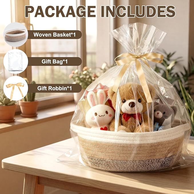 Basket for Gifts Empty, Small Woven Basket with Bags and Ribbons, Baby Toy Baskets with Handles, Wicker Storage Bin for Baby Showers or Pet Toy (White-Brown Gradient, 1 Pack (12"x 8"x 3.74"))