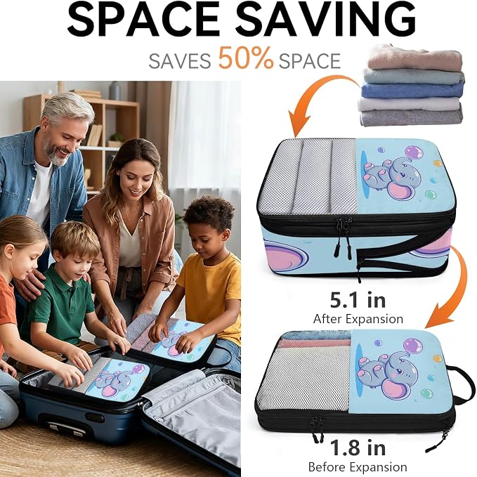 Blue Elephant 6 Set Compression Packing Cubes Cute Expandable Packing Organizer for Travel Accessories Luggage Suitcase Bag