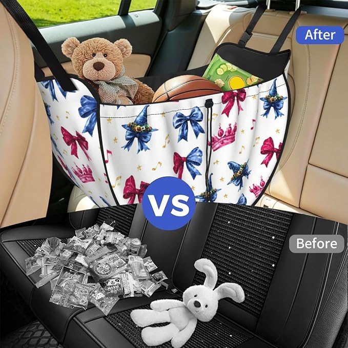 Magic Crown Bow Car Seat Organizer Backseat Storage Bag, Large Waterproof Vehicle Organizer With Adjustable Straps For Gear Essentials, Fits Most Cars