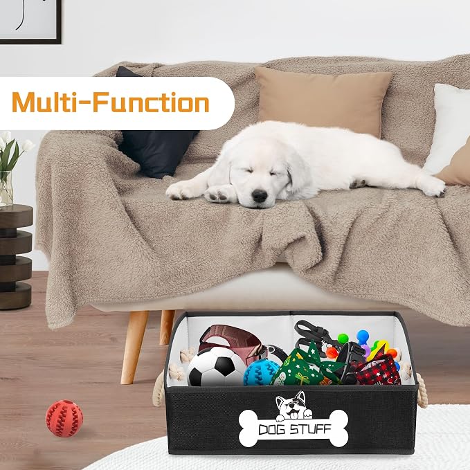 Dog Toy Basket, Storage Bin, Collapsible Box for Pet Accessories | Fabric Container With Handle, Trapezoid Holder for Small Medium dogs, Organizer for Living Room, Black