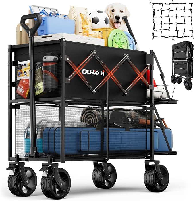 Double Decker Collapsible Wagon with Brakes,Compact with Tailgate | Big All-Terrain Wheels , 2-Tier for Camping Gear, Sports, Groceries, Shopping, Garden & Outdoor Use Black