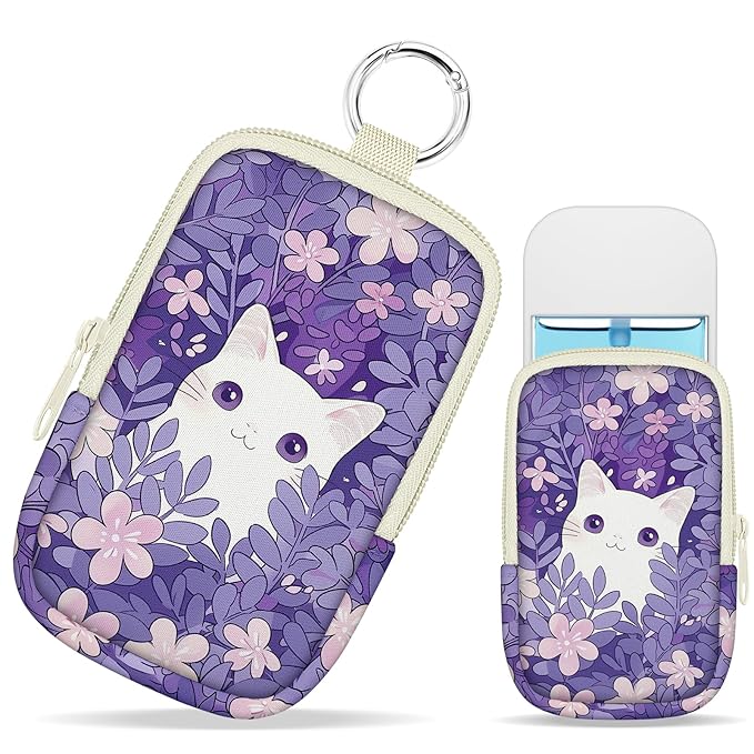 Hand Sanitizer Holder, Kawaii White Cat Spray Case Zippered Pouch | Keychain, Travel Size, Cute Fashion Accessory with Snap Hook, for Glow Mist and Power Mist 1FL OZ, Mini Small Pocket Clip on