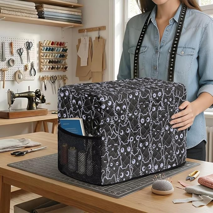 Sewing Machine Cover Polyester Febric Line Cute Black Cat Print | Dust Pet Hair Protection,Quilting Design,Fits Standard Singer,Brother Janome Machines,Protecting Decorating Your Sewing Space