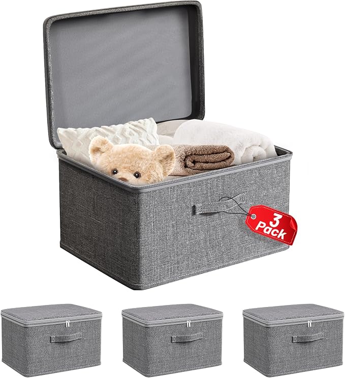 Collapsible Storage Bins for Home Organization,Grey storage Bins Waterproof Fabric Foldable Organizer Boxes [3 Pack], 15.75in x 11.81in x 8.27in (40CM x 30CM x 21CM)