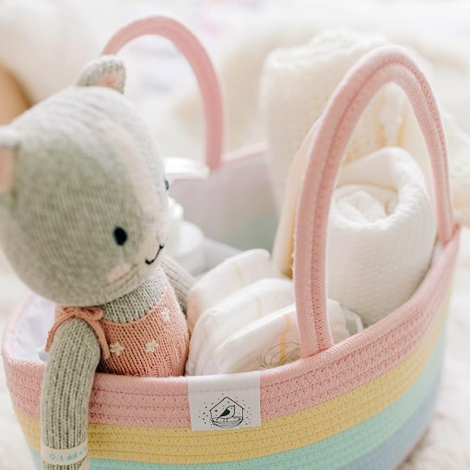 OrganiHaus Pastel Rainbow Rope Diaper Caddy Organizer, Nursery Basket | Woven handles; a toy bin, laundry bin, or newborn essentials storage; great for car, baby shower gifts, or bedroom decor
