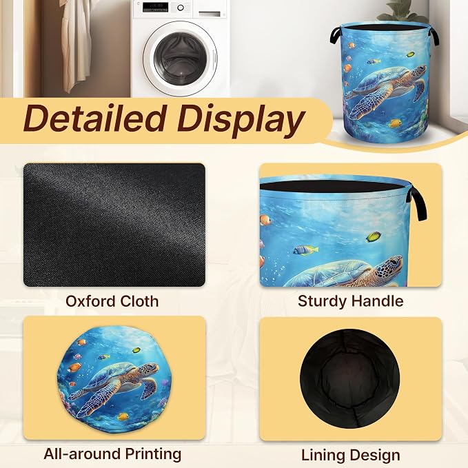 Laundry Hamper Foldable with Handles,Sea Turtle Oxford Cloth Basket,Fish Coral Colorful Large Capacity Storage Organizer for Bedroom Bathroom Dorm Room