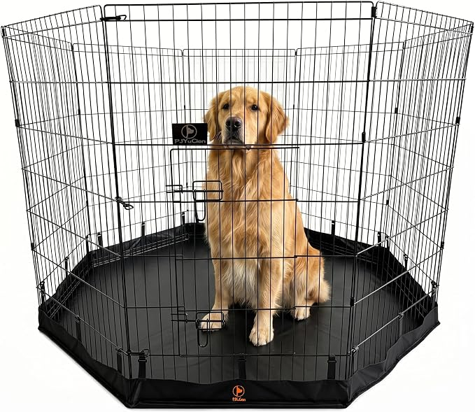 PJYuCien Puppy Playpen with Bottom Pad and Door, 8 Panels 42" H, Black | 24"W, Dual-function Pad, For Large Pets, Foldable Octagonal Pen, Versatile, Indoor & Outdoor, Backyard, Protects Floors