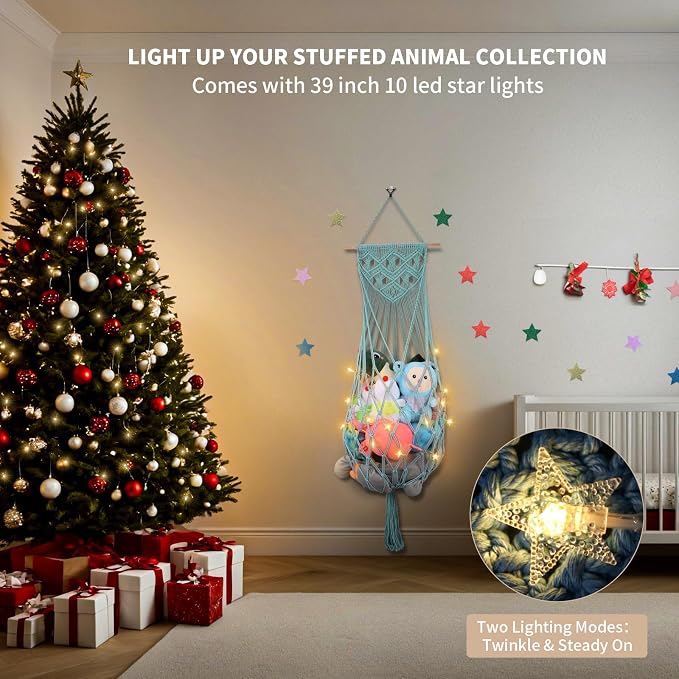 63 Inch Stuffed Animal Storage Hammock Corner, Stuffy Plushie Net,Turquoise | Wall Ceiling Over Door Hanging Hammock for Stuffed Animals,Boho Macrame Stuffy Storage Holder w/Star Light,Nursery Room Decor
