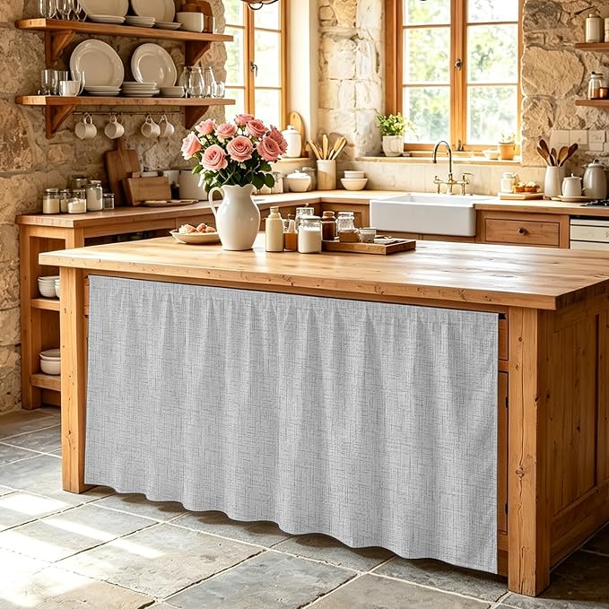 Cabinet Curtains 28x51inch Sink Skirt, Modern Minimalist Gray Desk Skirt for Kitchen Bathroom Shelves, Country Linen Style Privacy Cabinet Curtain Self Stick Adhesive Under Sink Skirts
