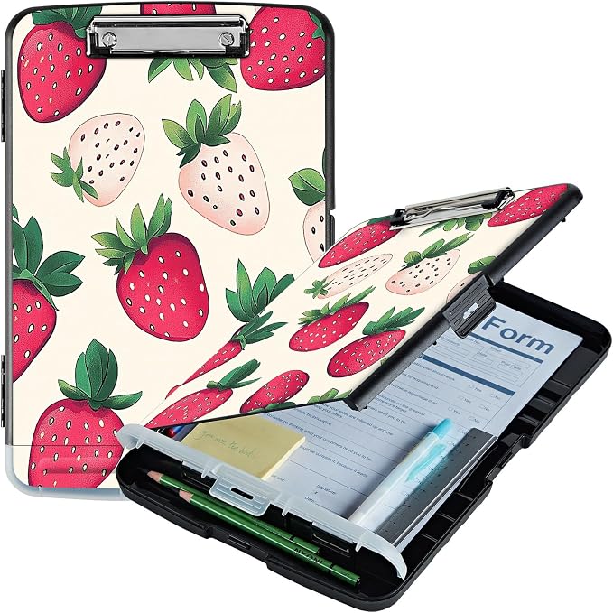 A4 Clipboard with Storage Pen Holder, Clipboards Organizer Nursing Clipboard Foldable File Folder Plastic Clipboard Folio Clip Board for Office Work Classroom Doctor, Pink Strawberry