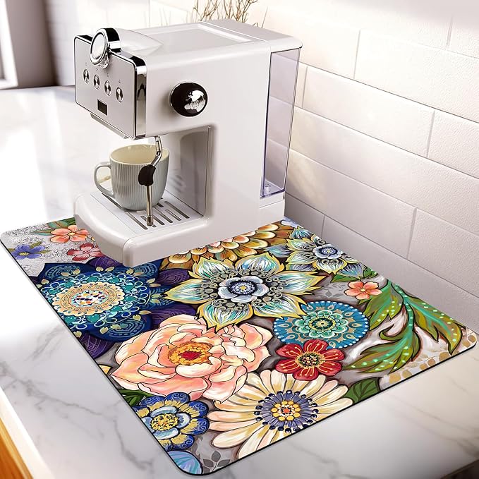 Dish Drying Mat For Kitchen Counter, 16"X24" Absorbent Coffee Bar Mat With Bohemian Abstract Colorful Flowers Dish Drainer Rack Mat For Kitchen Counter (boho, 16"X24")