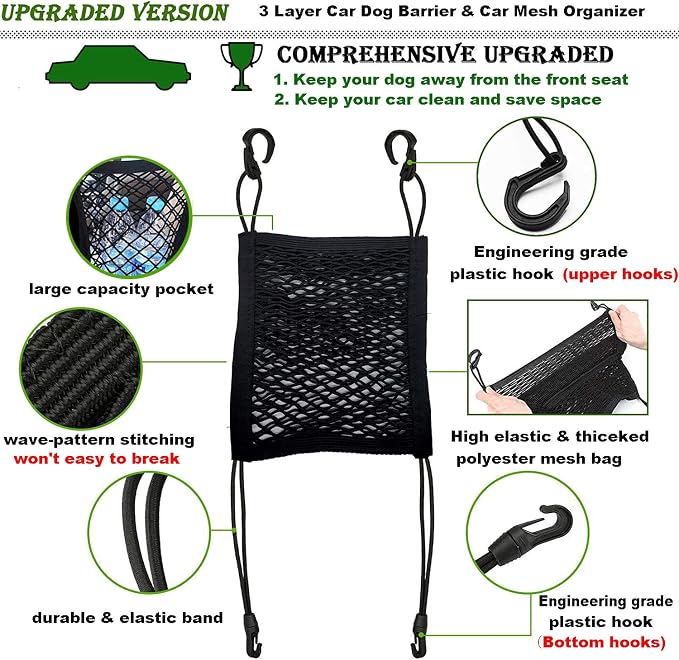 DYKESON Pet Barrier Dog Car Net Barrier with Auto Safety Mesh Organizer Baby Stretchable Storage Bag Universal for Cars, SUVs -Easy Install,Safer to Drive with Pets and Children, 2 Layer | Upgraded Pet Barrier With Stretchable Storage Bag Pouch，Auto Ba...