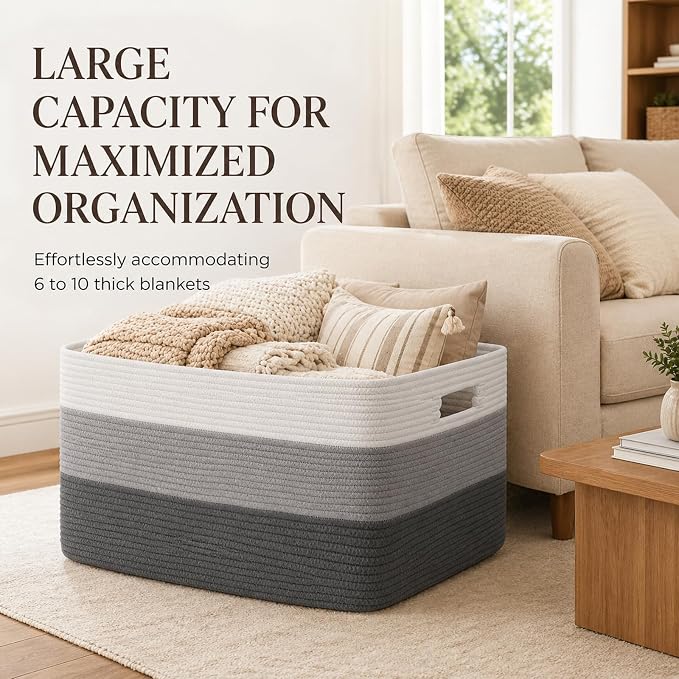OIAHOMY Blanket Basket Laundry Basket Dog Toy Basket 75L Dark Grey | Large Storage Basket,Baby Basket,Toy Storage,Woven Rope Basket for Blankets,Blanket Storage for Living Room