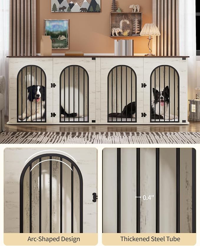 Hzuaneri 86.6" Double Dog Crate Furniture, Dog Kennel Indoor with Cushion | Heavy Duty Dog Crate Furniture for 2 Dogs,Dog Cage End Table TV Stand with Divider for Med-Large Dogs,White Brown DFC84014BV1