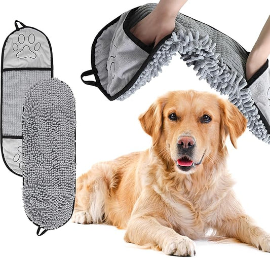 Absorbent Dog Towel, Microfiber Quick Drying Towel, Dog Bath Towel for Puppies, Super Absorbent Machine Washable Pet Towel with Hand Pocket, 9 x 23 inches (Gray)