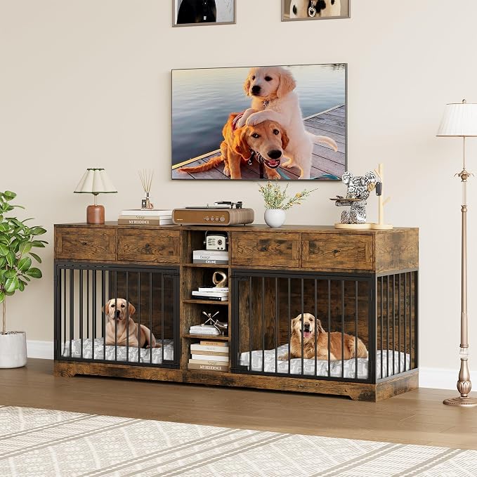 82" Wide Double Dog Crate Furniture for 2 Large Dogs - Heavy Duty Wooden Indoor Kennel TV Stand with 4 Storage Drawers & Open Shelves - Extra Large Pet Bed, Rustic Brown, Classic Color