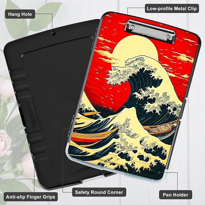 Red Sky Waves A4 Clipboard with Storage Pen Holder, Clipboards Organizer Nursing Clipboard Foldable File Folder Plastic Clipboard Folio Clip Board for Office Students Classroom Doctor