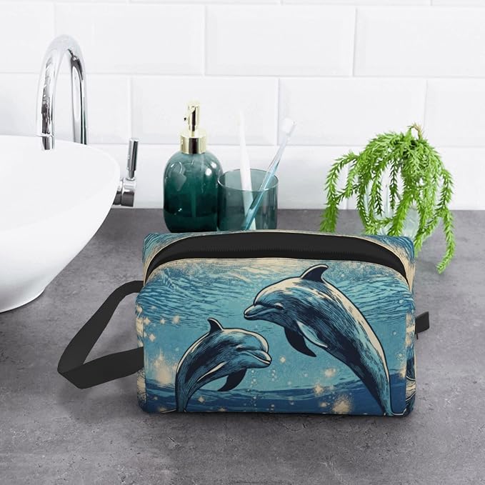 Two Dolphins Underwater Makeup Bag - Durable 600D Oxford Fabric Travel Cosmetic Bag, Shockproof Foam Padded Toiletry Organizer for Gym & Daily Use 10x6.2x4.9 Inch