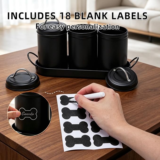 Dog Treat Container Airtight Set with Lid, 3 Dog Treat Jar with Tray | Metal Black Dog Food Storage Container with Labels & Marker, Dog & Cat Treat Holder, Easy Open Lid & Easy Carry Handles