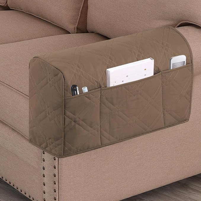 Water Resistant Arm Covers Couch Armrest Covers for Sofa Remote Control Holder Sofa Armrest Organizer for Magazine, Tablet, Phone, iPad (Taupe)