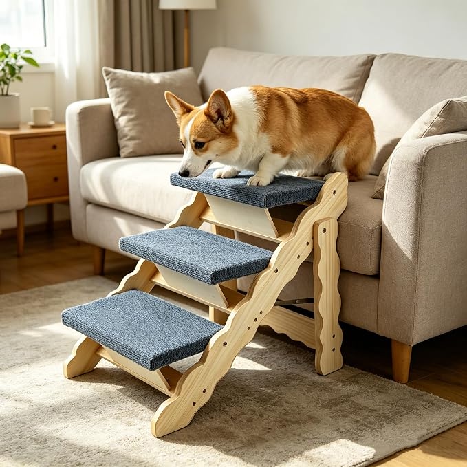 Wooden Pet Stairs, 2-in-1 Folded Pet Steps for Beds, Anti-Slip Dog Ramp with 3 Steps for Small Medium Large Pet, up to 150 lbs