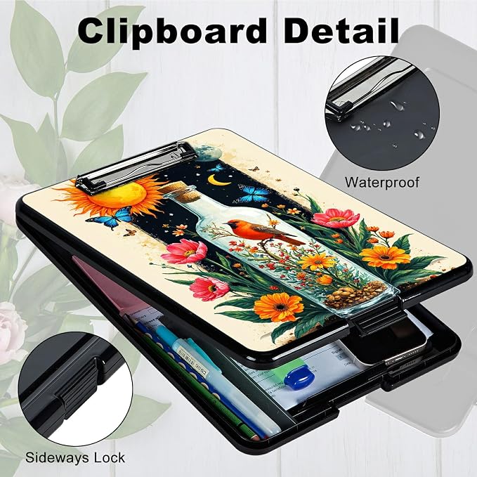 Heavy Duty Storage Clipboard, Slim Nursing Clipboard with Internal Pen Case, Portable File Organizer Case for A4 Letter Size Paper Office Medical Professionals, Drift Bottle Flowers