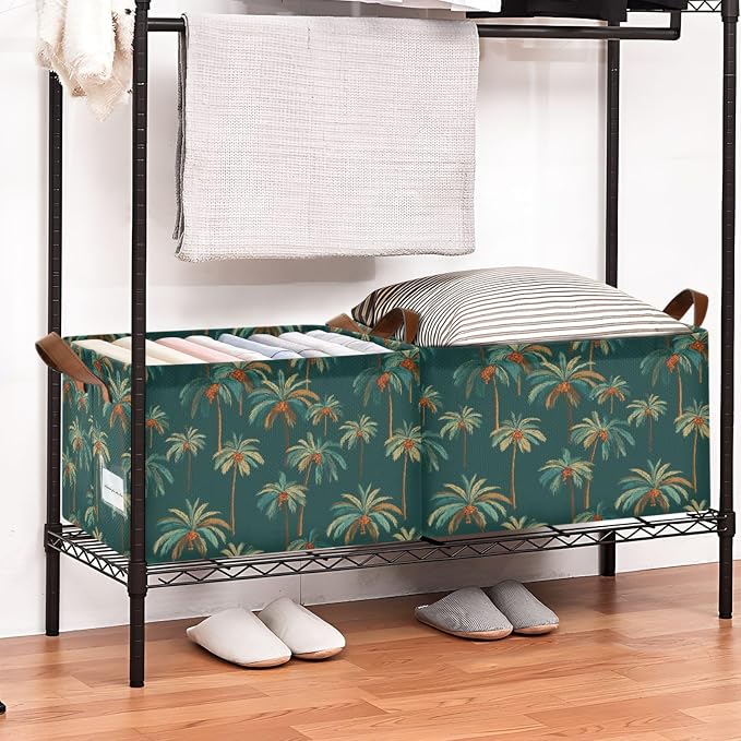 Teal Green Bg Vintage Palm Tree Storage Basket Foldable Cube Storage Bins with Handles&Label Waterproof Collapsible Organizer Box Bin Large Rectangle Decorative Baskets for Shelves Home Room Laundry