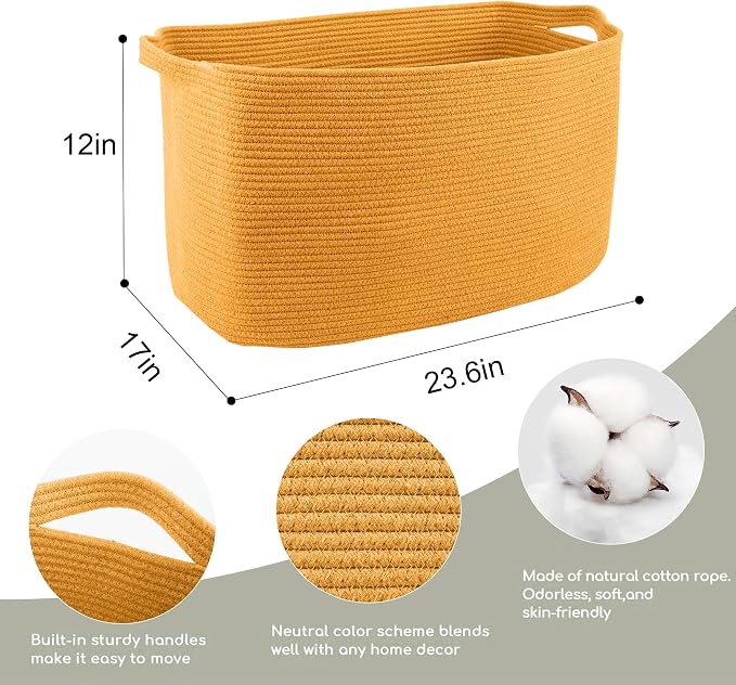 Extra Large Orange Storage Basket, 23.6" x 17" x 12" Rectangle Baskets for Organizing, Blanket Toy Bin Organizer, Colorful Woven Cotton Rope Baskets for Decor