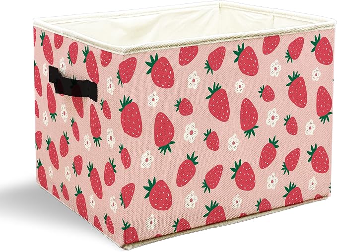 Pink Strawberry Storage Bins with Handles, Aesthetic, Preppy Cute Floral Strawberry Fruit Collapsible Laundry Basket Storage Box for Home Bedroom Bathroom Clothes Toys Books