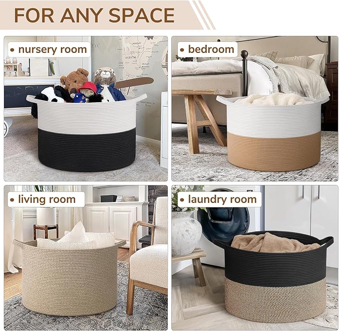 INDRESSME 115L Extra Large Woven Rope Blanket Basket Living Room, Mix Black | 23.6" x 15.7" Storage baskets for toys laundry & pillows. Fits living room, bedroom or nursery décor. Soft-touch with handles