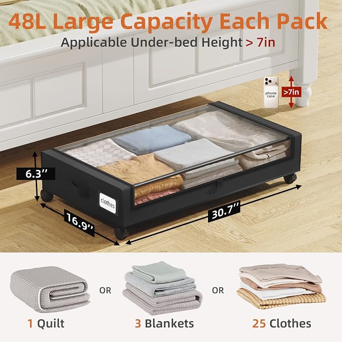 Somdot Under Bed Storage with Wheels, 2 Pack Under Bed Storage Containers | Underbed Shoe Storage Organizer with Clear Lids, Rolling Under The Bed Storage for Clothes, Blankets, Toys, Black