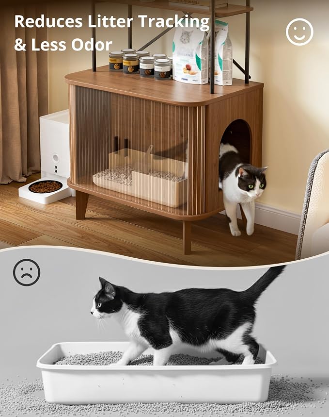 Cat Litter Box Enclosure Furniture,Hidden Litter Box Furniture Fit Most of Litter Boxes,Cat Washroom Cabinet and Pet House with Metal Frame for Living Room