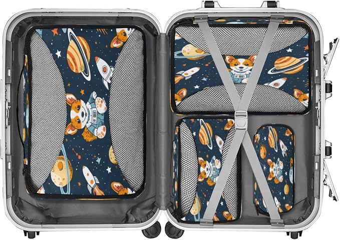 Packing Cubes for Travel, Solar System Planets Travel Luggage Packing Organizers for Women Men, Large Custom Toiletries Bag for Cosmetics Toiletries, Corgi Dogs