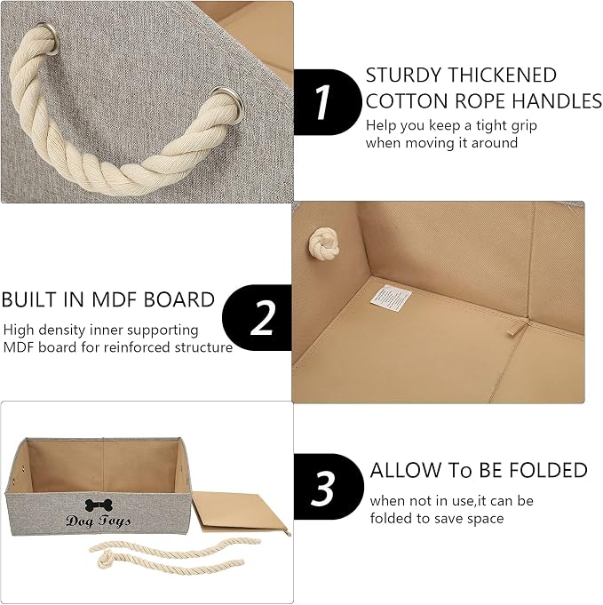 Large Dog Toys Storage Bins - Foldable linen Trapezoid Organizer Boxes with weave Rope Handle, Collapsible Basket for Shelves (Light Brown-DOG)